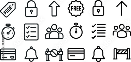 Icon set of security, free offers, and communication for digital design projects