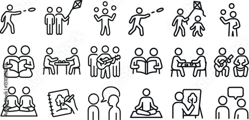 Set of line icons depicting family leisure and hobbies activities
