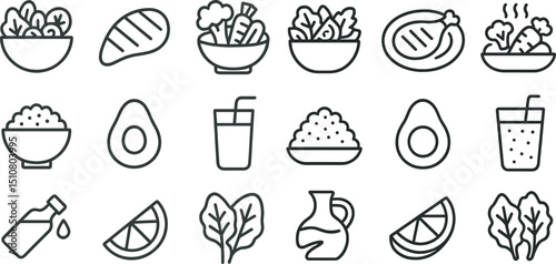 Healthy food icons set for menu design and meal planning concepts