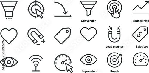 Digital marketing and analytics icons for business strategy and conversion