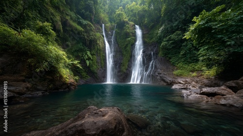 A serene waterfall surrounded by lush tropical vegetation.