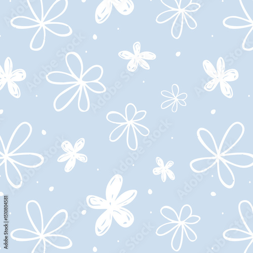 Simple nature floral vector background. Seamless pattern with hand drawn daisy flowers. Line art. Contour drawing. Fashion design for your textile and fabric, wrapping, any surface.
