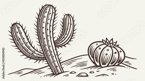 Illustration of a saguaro cactus and a bishop's cap cactus in a desert landscape drawing art created with generated ai