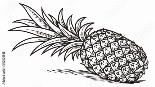 Illustration of a whole pineapple with leaves and textured skin in black and white style design created with generated ai