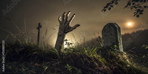 Zombie hand rising from grave at night