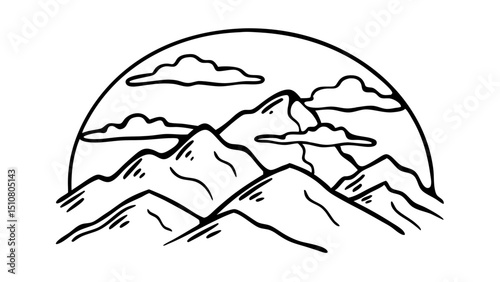 Illustration of mountain range with clouds in an arc shape in black and white outline style created with generated ai