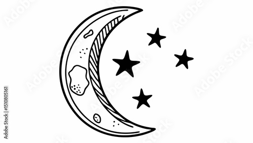 Crescent moon with craters and stars in a black and white line drawing style perfect for coloring pages created with generated ai
