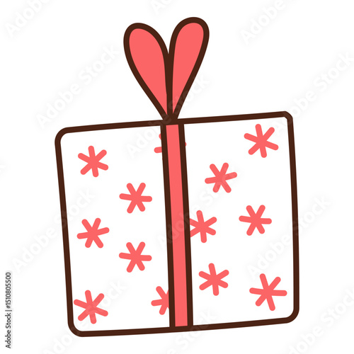 Birthday gift, present in box, wrapping paper with stars pattern, bow hand drawn illustration, isolated vector. Line drawing design. Birthday celebration, festival, carnival, party clip art, element