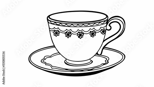Elegant teacup with floral design on a saucer in black and white outline illustration style created with generated ai