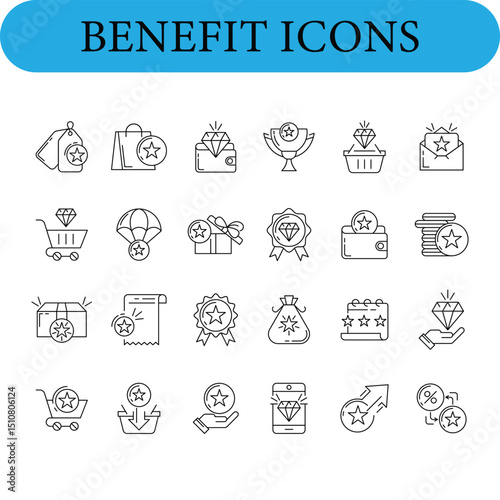 Benefit set of web icons in line style.. Containing reward, bonus, star, winner, and more.