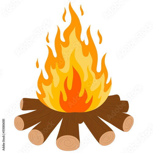 Bonfire cartoon vector illustration. Burning camp fire on firewood isolated on white background. Flame icon, colorful element