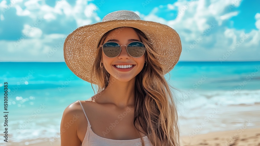 Portrait of a woman with hat and sunglasses smiling at the beach with beautiful blue water behind her Portrait of a woman with hat and sunglasses smiling at the beach with beautiful blue water behind her