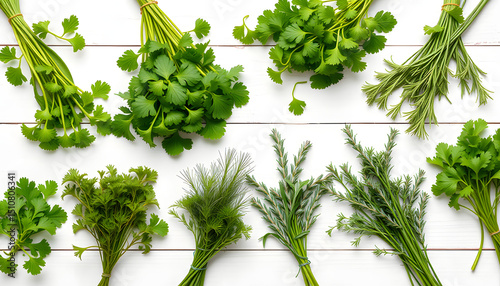 Aerial arrangement of vibrant fresh herbs including parsley, mint, dill, cilantro, rosemary, and thyme spread on a rustic white wooden surface, showcasing a lively spring or summer plant-based culin photo
