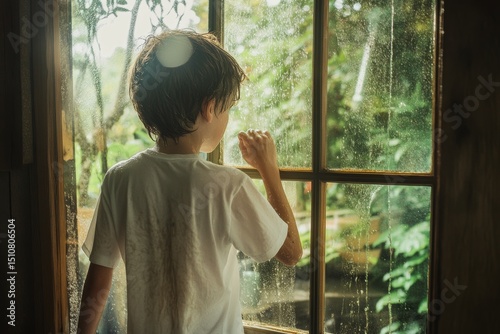 From behind, a little blond boy in a white t-shirt can be seen standing on the terrace of a country house, reaching out to touch the rain as it falls