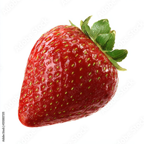 Single ripe strawberry with green leaves isolated on white background, side view.