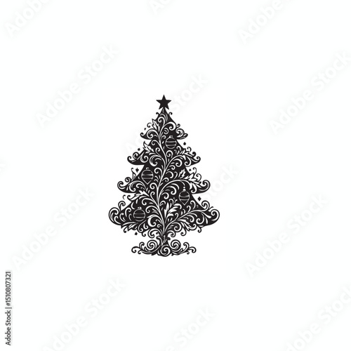 Intricate Black and White Ornamental Christmas Tree – Vintage Decorative Art