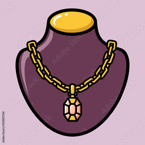 Gold chain necklace with a pink gem pendant displayed on a purple mannequin against a pink background