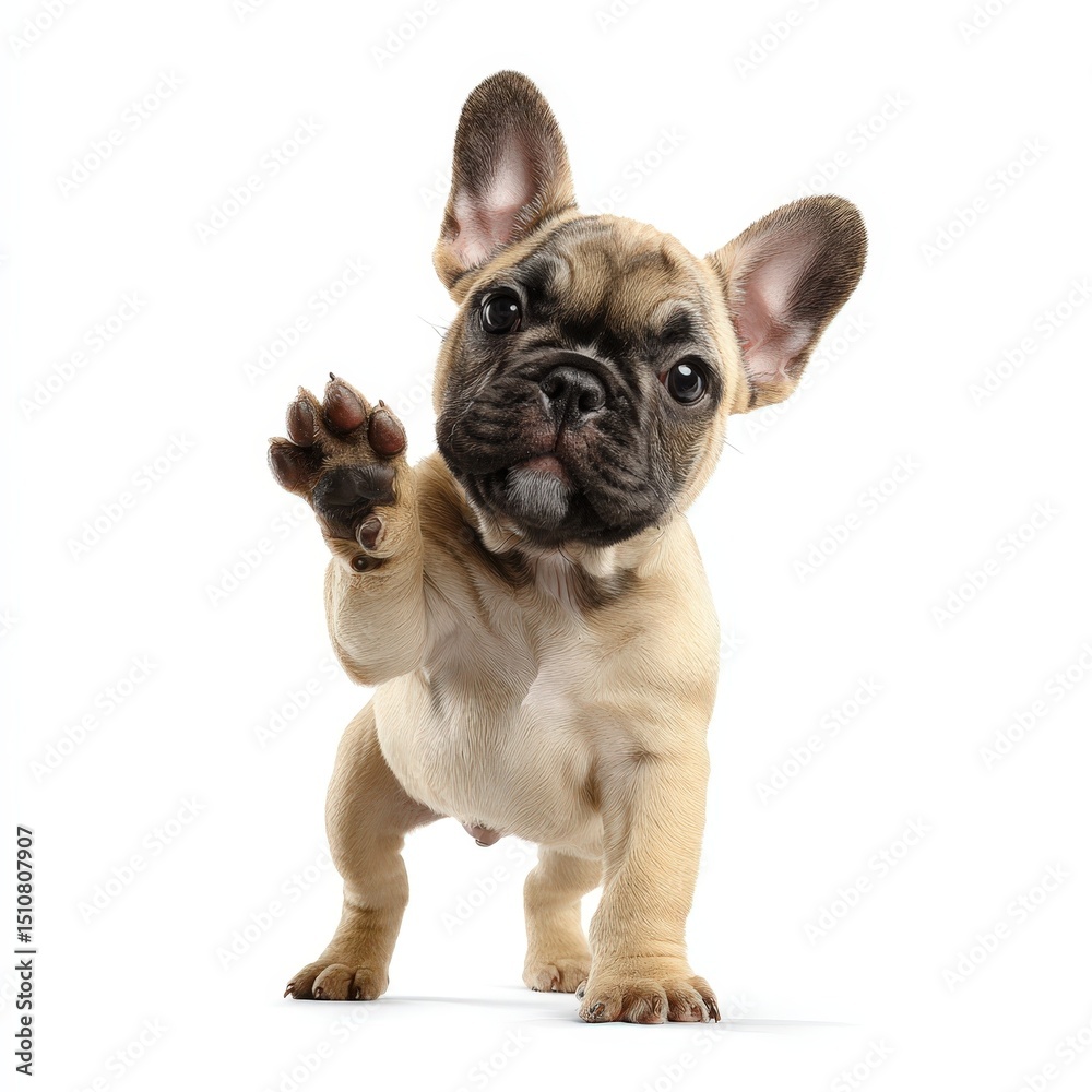 Fototapeta premium Adorable French Bulldog Puppy Raising Paw Up High Against White Background A Cute Pet Photo