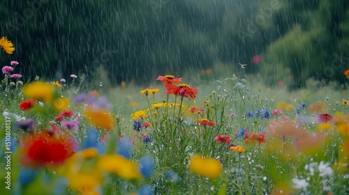 Spring flowers and fresh rain are depicted in an abstract image with a blurred background and rain drops