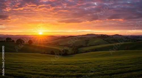Rolling hills under dramatic sunset sky