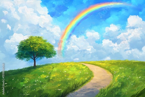 Observe the breathtaking beauty of a temporary rainbow that materializes following a cool summer shower, showcased in this vivid representation