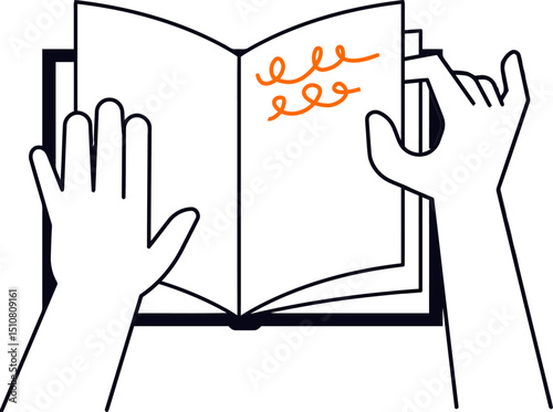 Illustration of hands reading a book with orange doodles for education and learning materials use vector art illustration