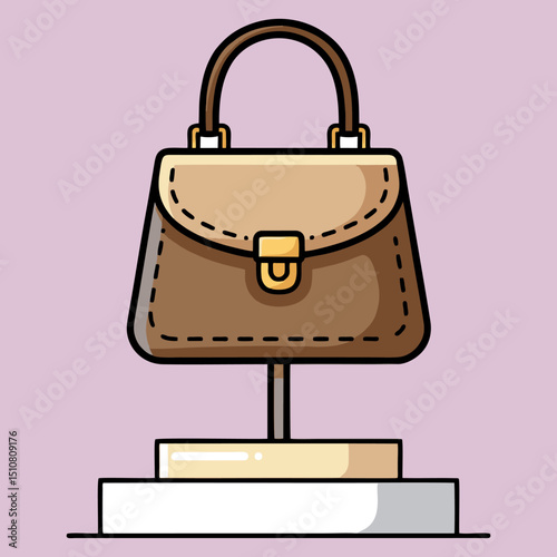 A brown cartoonstyle handbag is displayed on a pedestal against a lilac background