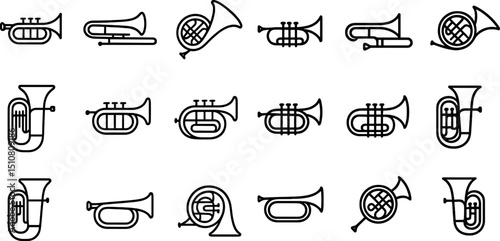 Collection of brass instrument icons for music designs and projects