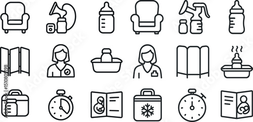 Baby care and nursing essentials: bottles, chairs, and pump icons