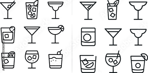 Collection of cocktail outline icons for beverage menu and party design