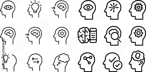 Human head with innovative technology and brain icon set for design