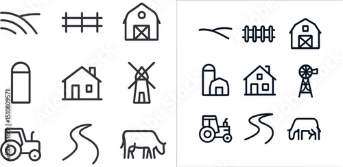 Farm icon set featuring barn, tractor, and windmill designs for digital use