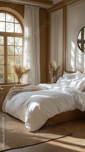 Simple and modern hotel room with a large bed, white linens, sunlight streaming through a window, wooden side tables, minimalist design