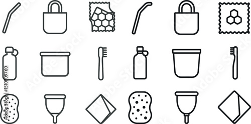 Eco-friendly icons set featuring reusable and sustainable household products