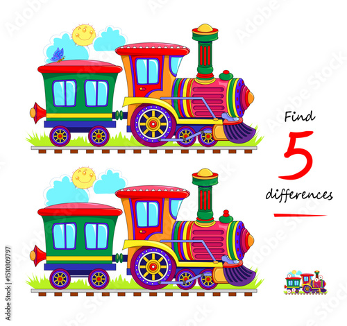 Find 5 differences. Drawing of a toy train with a locomotive. Logic puzzle game for children and adults. Page for kids brain teaser book. Hand drawn flat vector illustration.