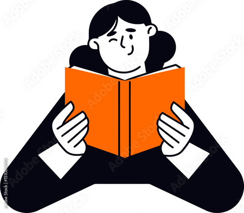 Illustration of a person reading a book with orange cover in dark background for education content vector art illustration