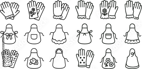 Collection of gardening gloves and aprons icon set for diy designs