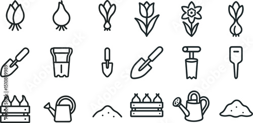 Gardening icons set featuring tools and plants for spring design