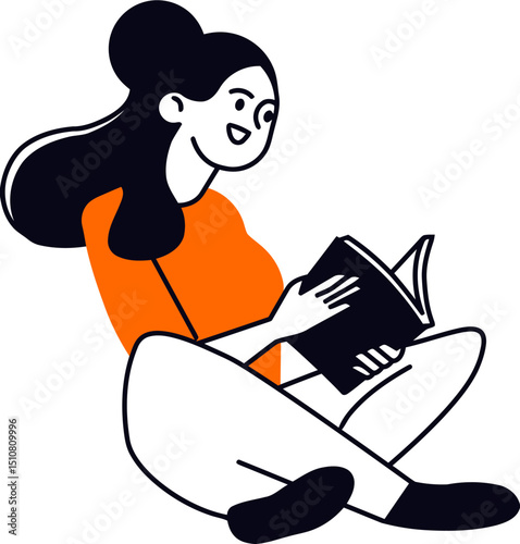 Illustration of woman reading book education learning knowledge study literature relax leisure hobby 100 char vector art illustration