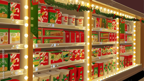 Christmas grocery store festive food products shelves