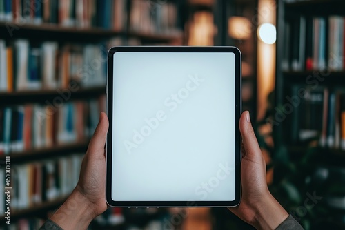 Close-up of hands holding an iPad with a white screen, leaning against a bookshelf in a library.