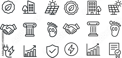 Eco-friendly energy icons: solar panels, sustainability, and renewable solutions