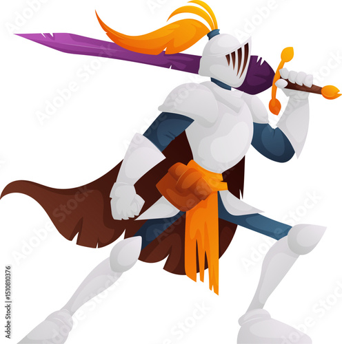 Cartoon knight holding a purple sword with an orange plume on his helmet.