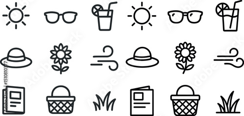 Summer icons set featuring sun, sunglasses, straw hat, and more elements