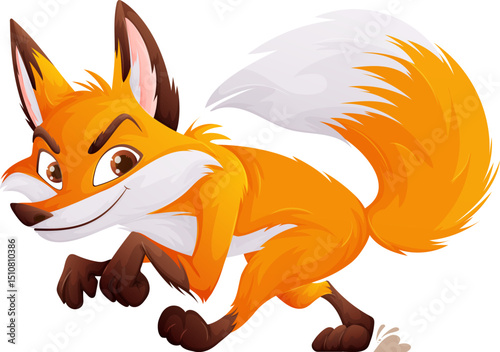 Cartoonish Fox Running, Orange Fur, White Tail, and Mischievous Grin in Action.