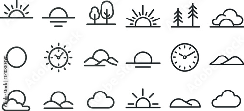 Minimalist sunrise and nature line icons for design and decoration