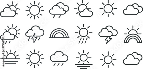 Weather icons set featuring sun, clouds, rain, and rainbow elements