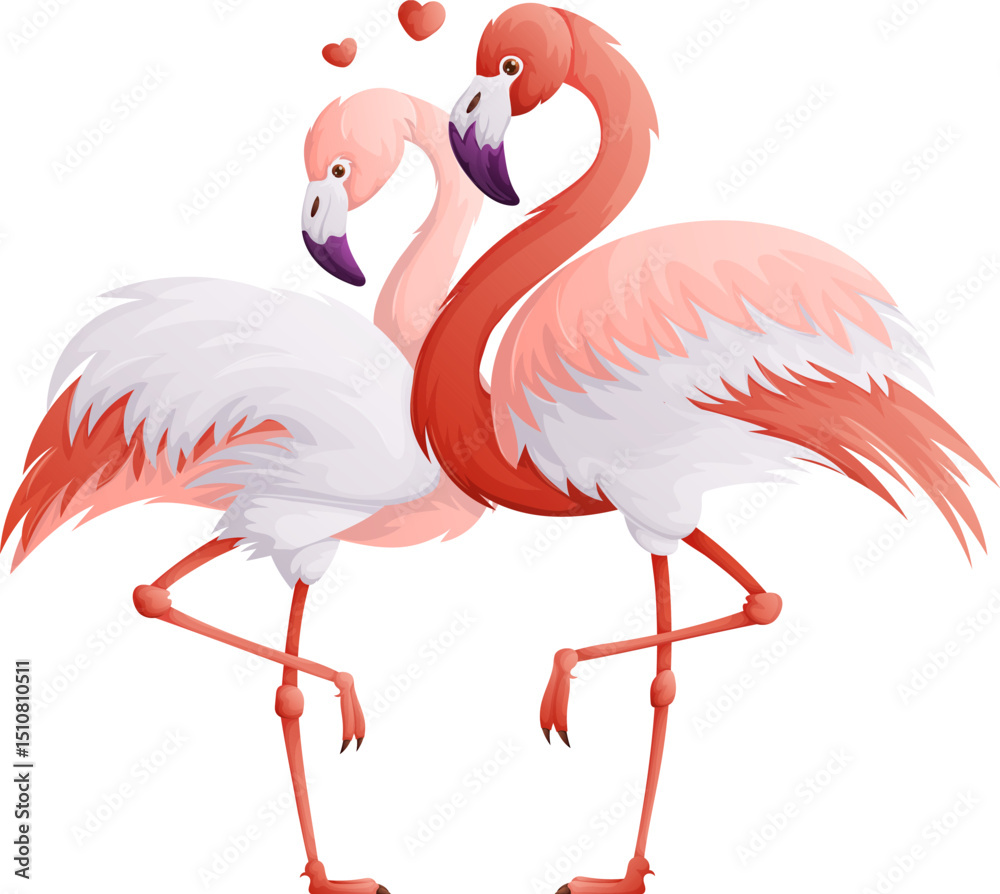 Obraz premium Two Flamingos in Love, Standing Together, Hearts Floating Above Them, Symbol of Love.