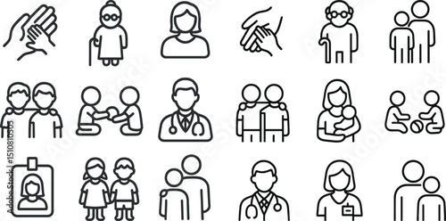 Human connection and medical care icons for community and healthcare designs