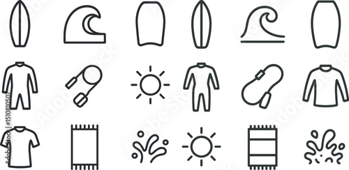 Surfing essentials icon set for summer beach activities and design
